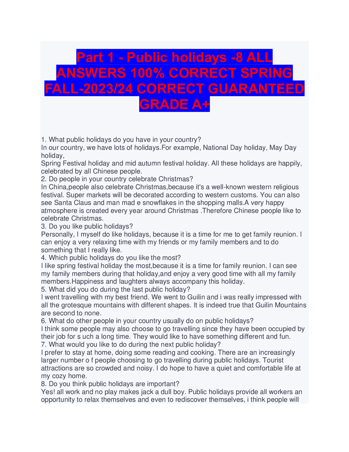 Preview image for Part 1 - Public holidays -8 ALL ANSWERS 100% CORRECT SPRING FALL-2023/24 CORRECT GUARANTEED GRADE A+